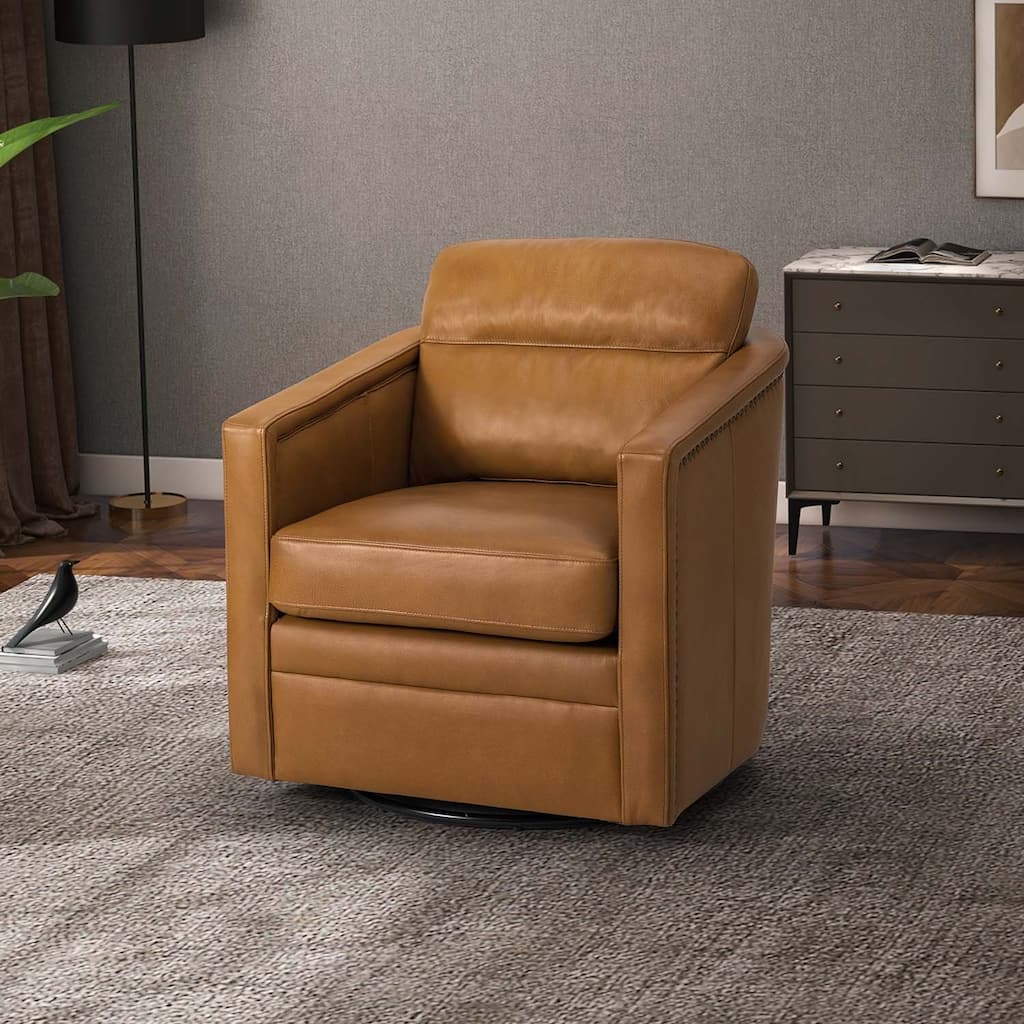 Jorge 28.74" Wide Traditional Genuine Leather Swivel Chair with Removable Seat Cushion and No Assembly Needed