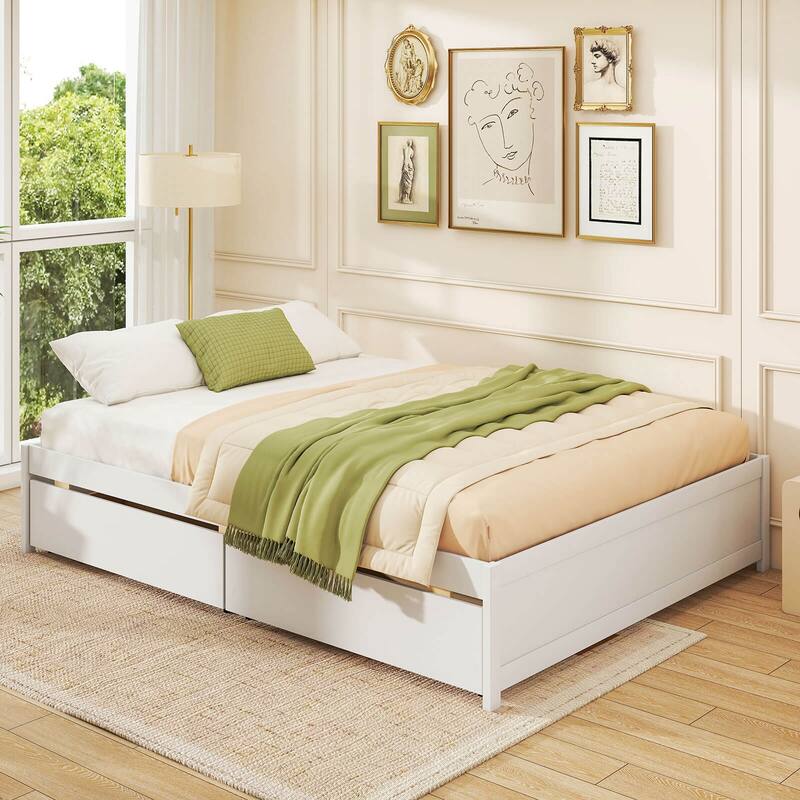 Costway Full/Queen Size Wooden Platform Bed with 2 Rolling Storage