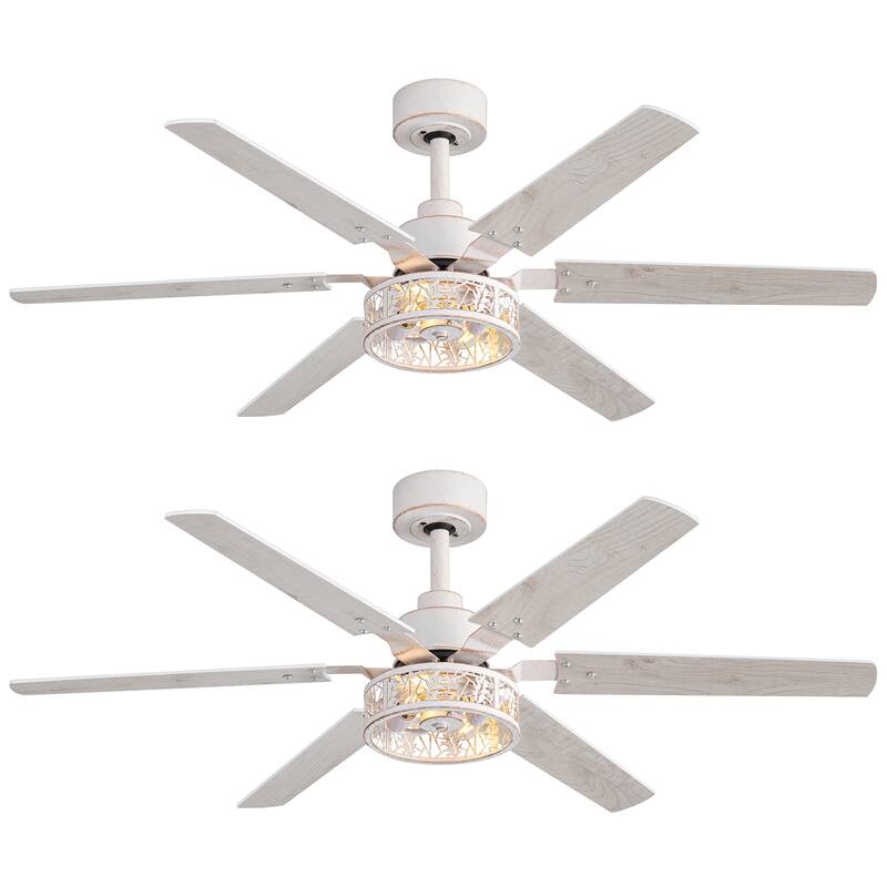 2pcs 46-inch Reversible 6-Blade Distressed White Ceiling Fan with Light and Remote
