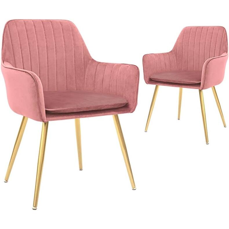 Velvet Modern Tufted Vanity Chairs with Gold Metal Legs, Upholstered Accent Armchair, Pink,Set of 2, - Gold