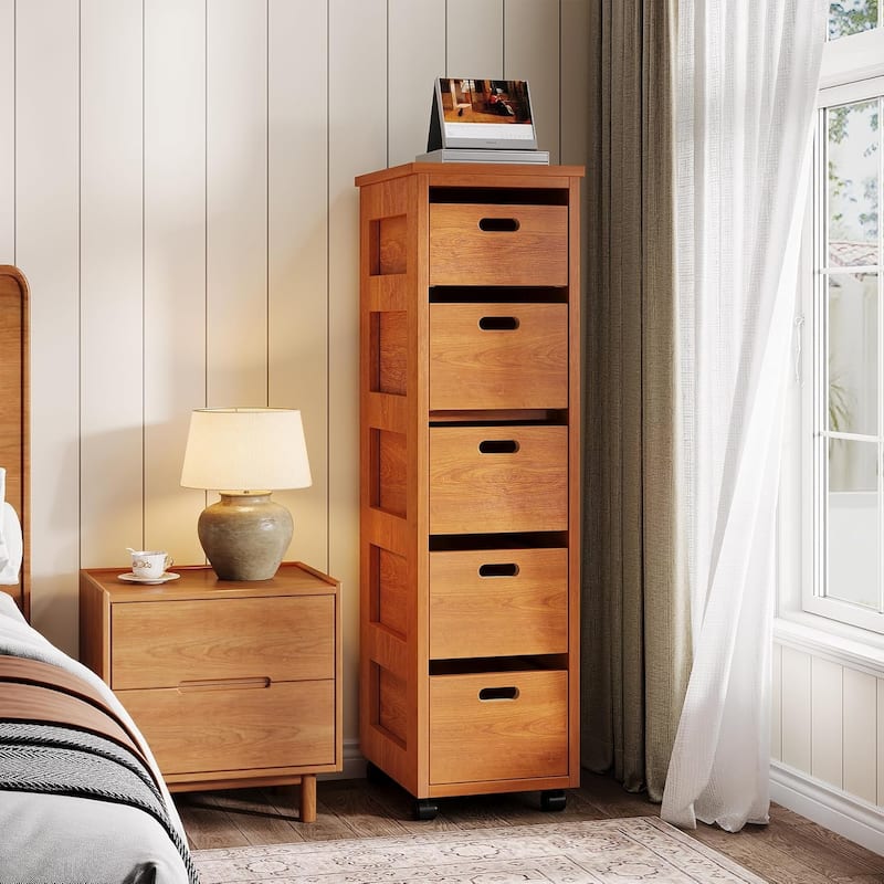 5 Drawers Slim Vertical Storage Drawer Units with Wheels, Tall Narrow Wood Organizer Tower for Bedroom, Living Room, Hallway