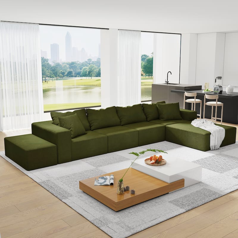 132" Chenille L-Shaped Sectional Sofa with 6 Pillows - Green