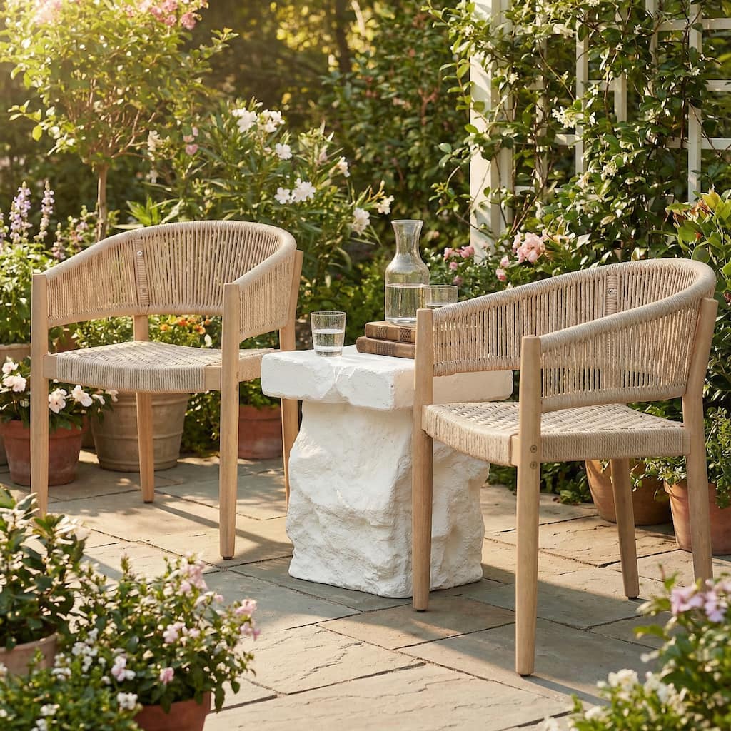 Christopher Knight Home - Natural Outdoor Acacia Wood 3-Piece Conversation Set with Rope Chairs and MGO Table