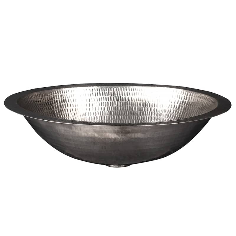17" Oval Under Counter Hammered Copper Bathroom Sink in Nickel, Matching Drain and Accessories