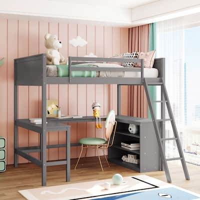 Full Pine Loft Bed with Desk, Shelves, and Guardrails