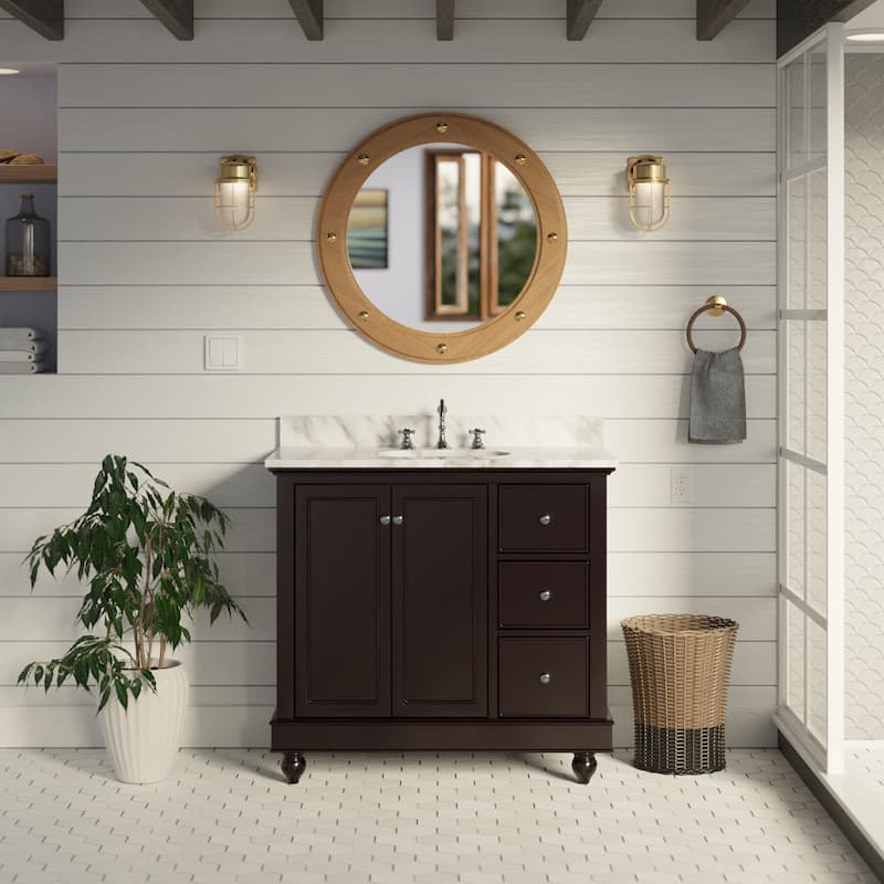 KitchenBathCollection Bella 36" Bathroom Vanity with Carrara Marble Top - Chocolate