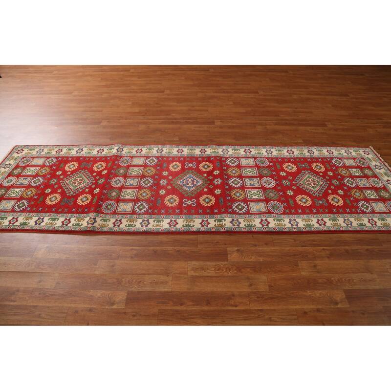 Red Geometric Traditional Kazak Oriental Wool Runner Rug Hand-knotted - 2'9" x 9'4"