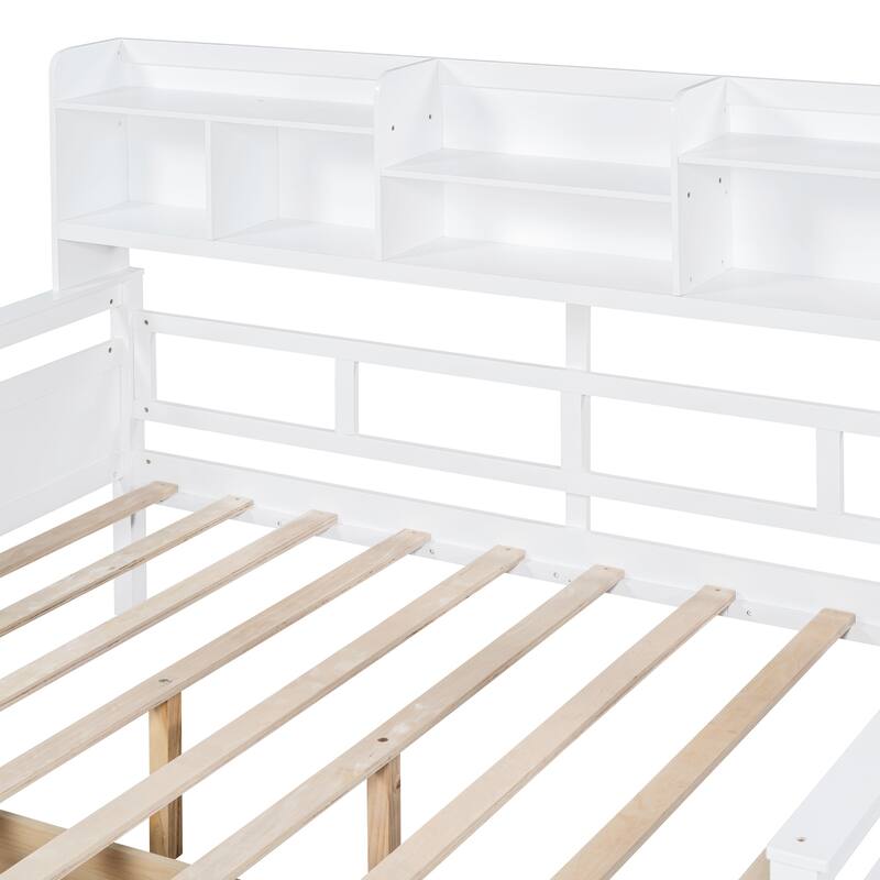 Full size Daybed, Wood Slat Support, with Bedside Shelf and Two Drawers