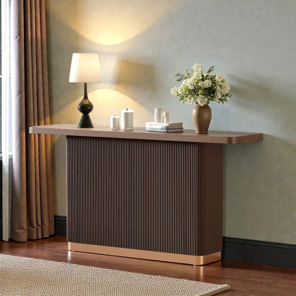Modern Console Table with Ash Veneer Top & Fluted Base, Metal Accent Entryway Table for Hallway & Living Room