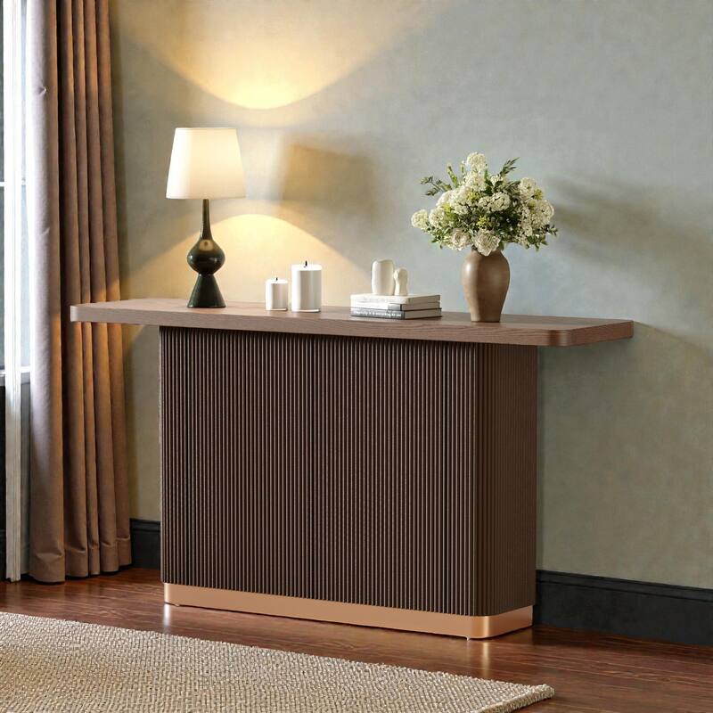 Modern Console Table with Ash Veneer Top & Fluted Base, Metal Accent Entryway Table for Hallway & Living Room - Brown