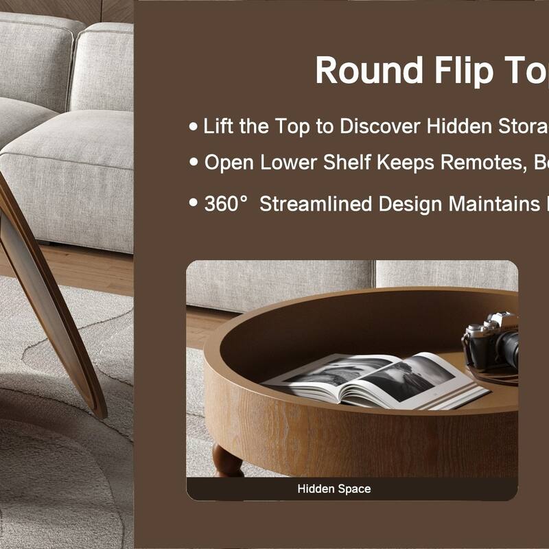 31.5" Modern Round Flip-top Coffee Table with Hidden Compartment