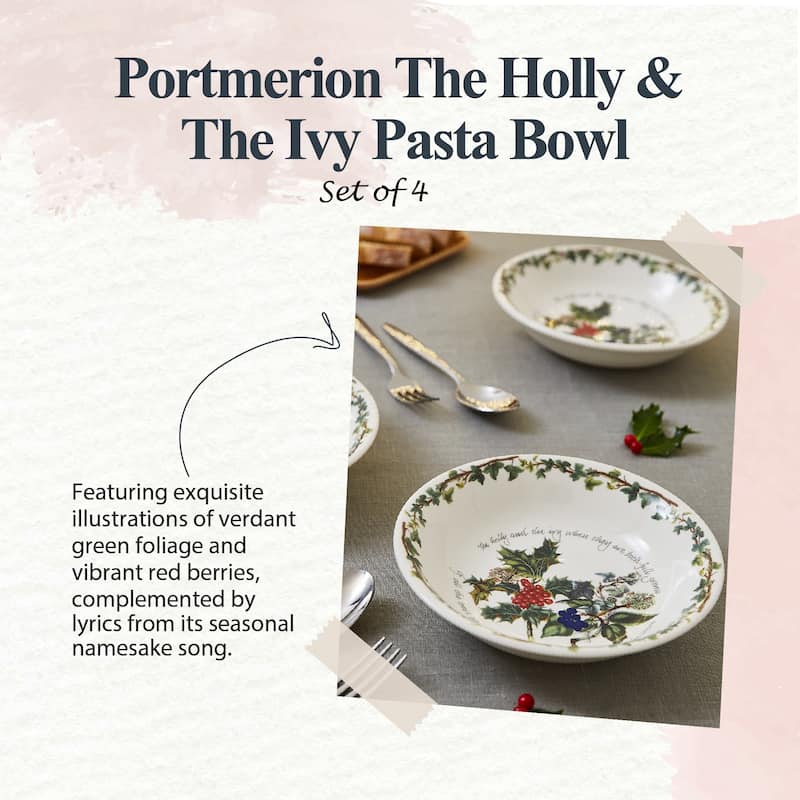 Portmeirion Christmas The Holly and Ivy Set of 4 Pasta Bowls - 8 in