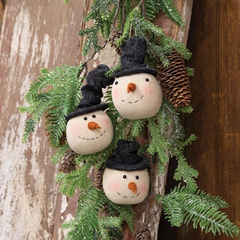 Set of 3 Beige-Black Canvas Snowman Head Ornament with Twine Hanger - 2.50 x 2.50 x 3.50 in.