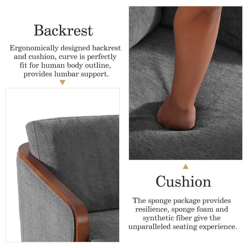 Upholstered Swivel Barrel Chair with Curved Wood Arms