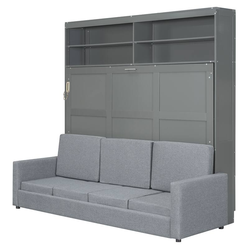 Queen Size Wall Bed with Sofa in Gray, Space-Saving Murphy Bed Design