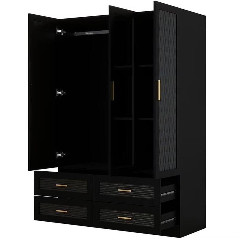HomeRoots 71" Black Carved Geometric Mirrored Three Door Four Drawer Combo Dresser