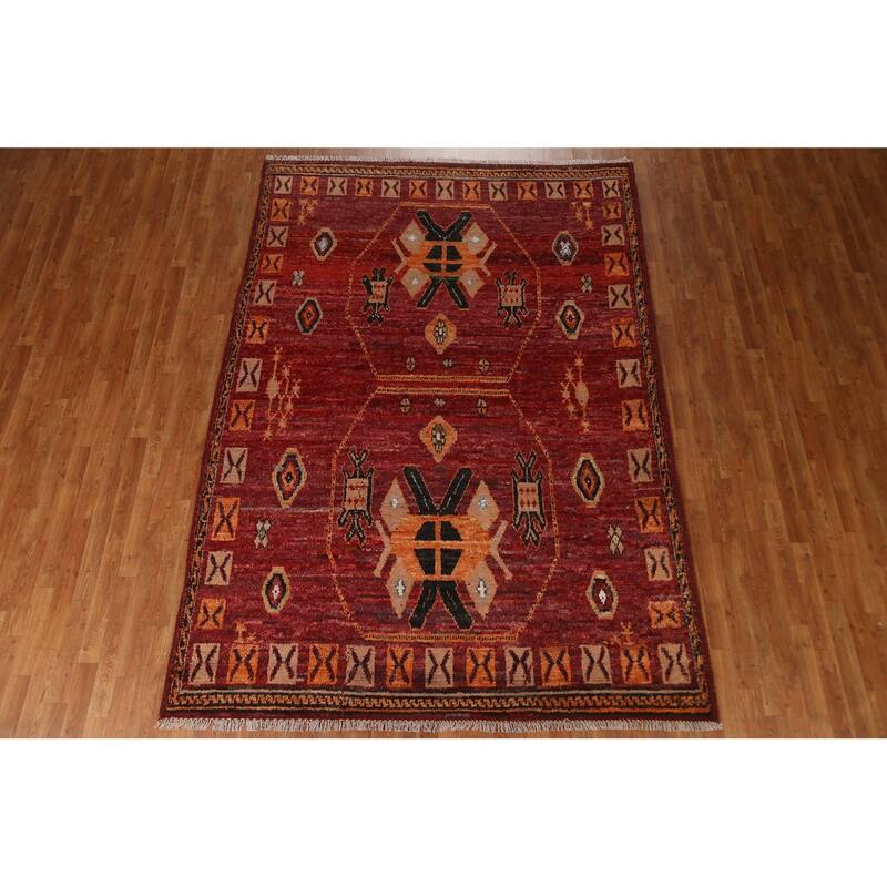 Hand Knotted Oriental 100% Wool Carpet Modern Tribal Red Moroccan Area Rug - 9' 10'' X 6' 11''