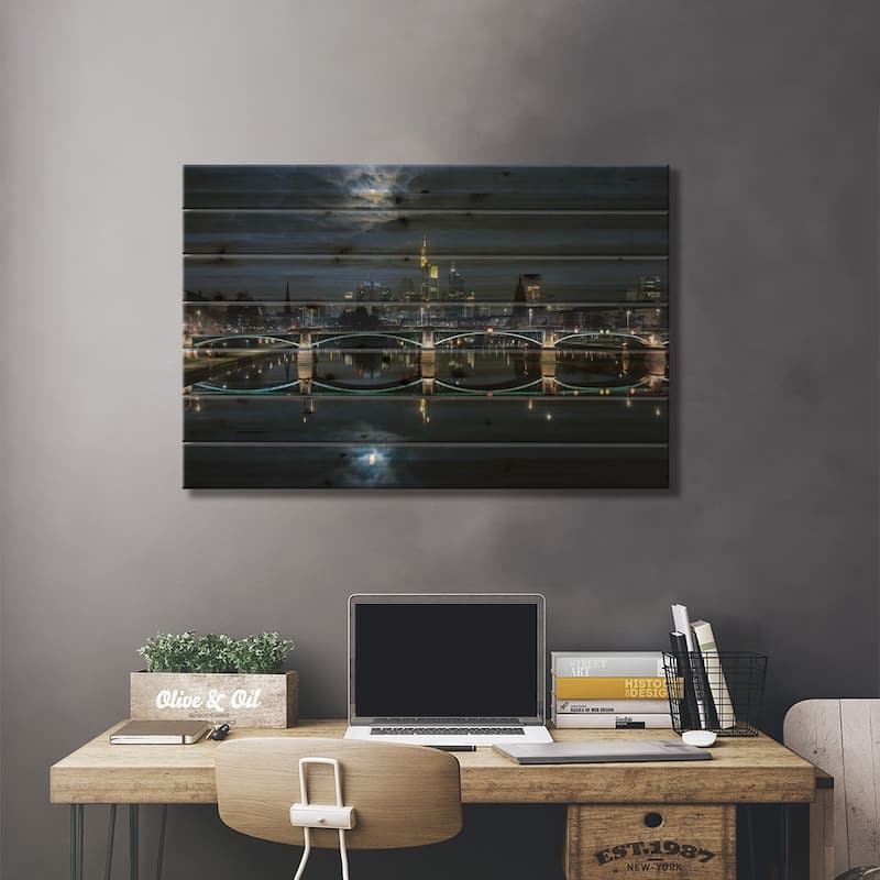 Frankfurt At Full Moon Print On Wood by Mike / Match-Photo - Multi-Color