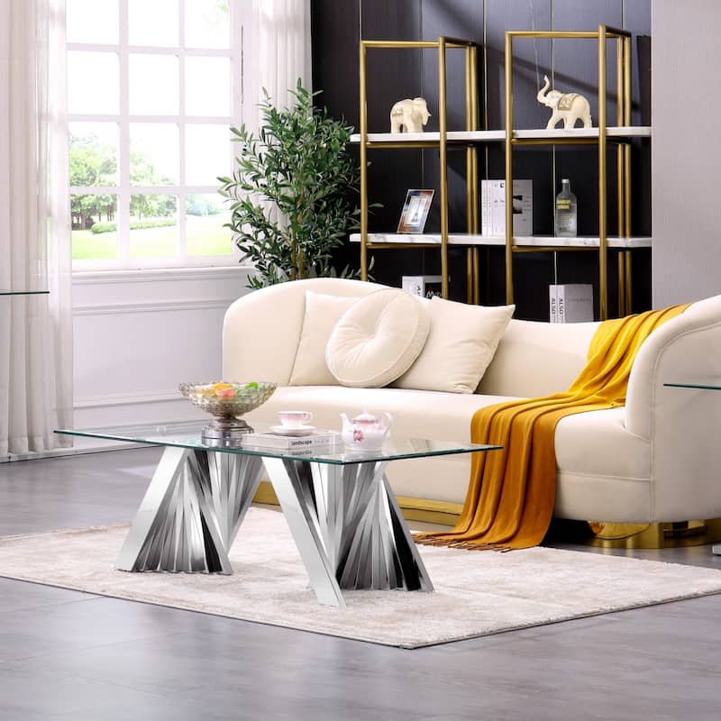 Modern Coffee Table Clear Tempered Glass Living Room Coffee Table with Geometric Base - Silver