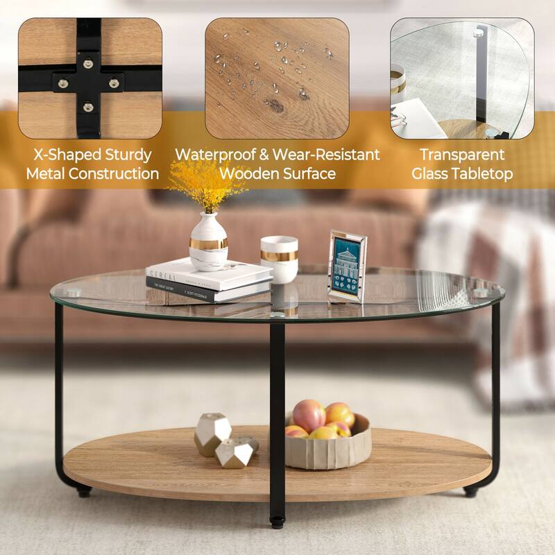 Gymax Glass-Top Coffee Table 2-Tier Modern Oval Side Sofa Table w/