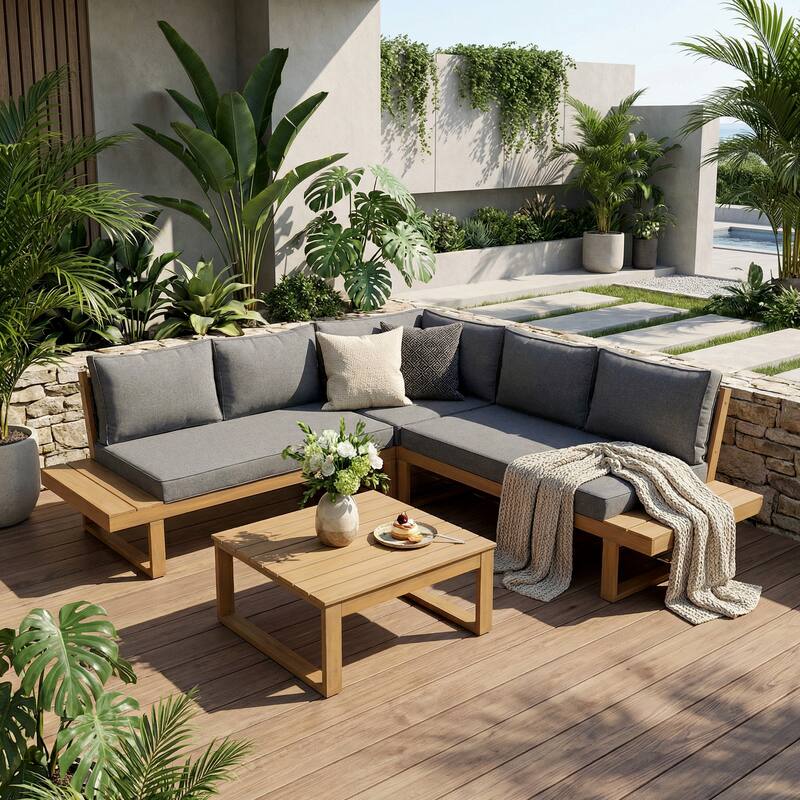 Outdoor 4 pieces V-Shaped Acacia Wood Sectional Sofa Set