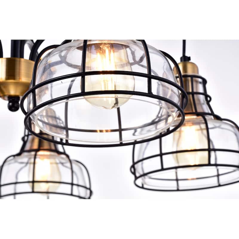 Black and Antique Gold 5-Light Chandelier with Clear Glass Shade