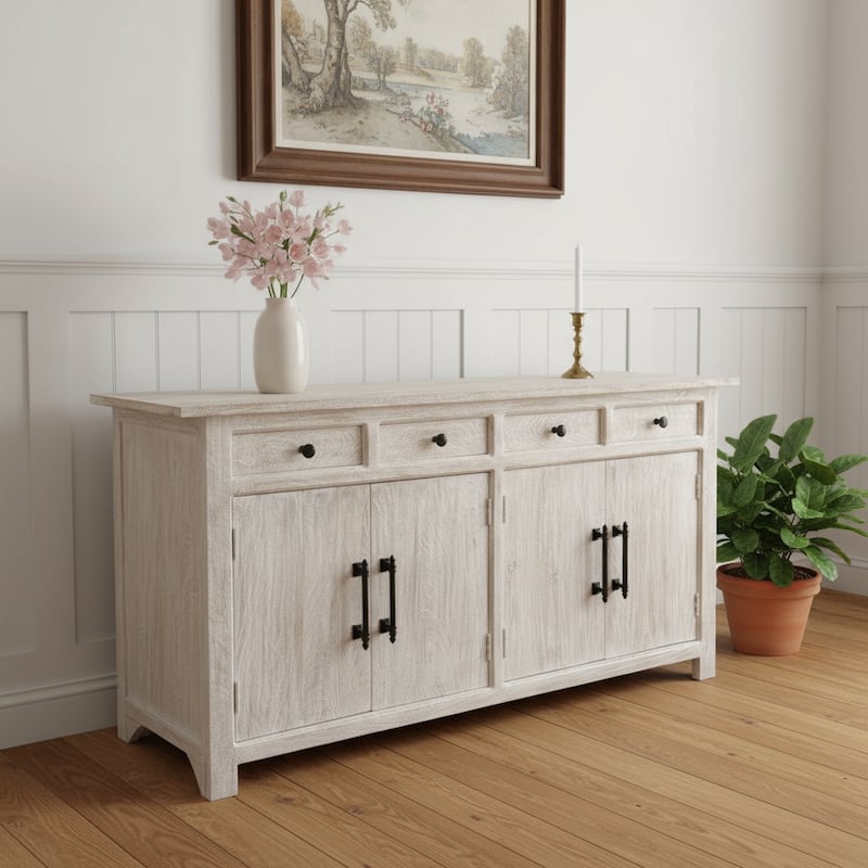 HomeRoots 79" White Distressed Solid Wood Paneled Four Drawer Sideboard with Four Doors - 79.00 in. x 38.00 in. x 17.00 in. - 79.00 in. x 38.00 in. x 17.00 in.