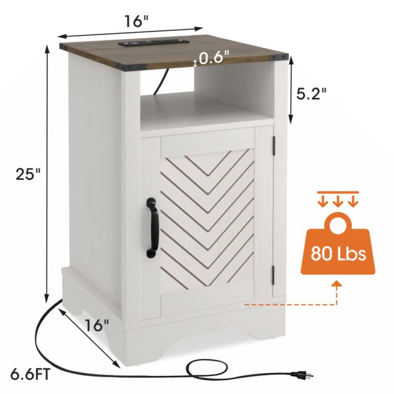 Farmhouse Nightstand Side Table,Tall Bedside Table with Electrical Outlets Charging Station