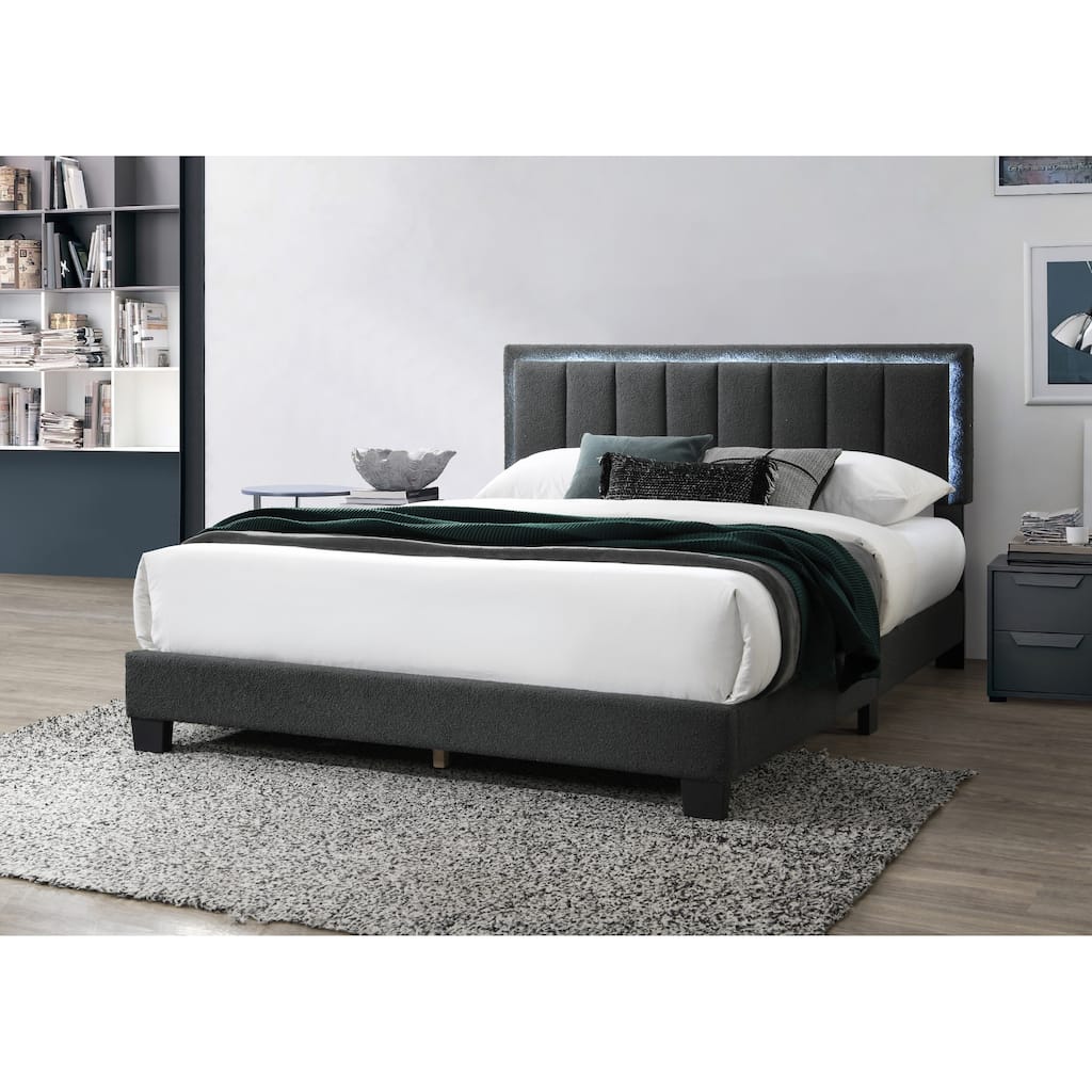 1pc Queen Size Bed Charcoal Wool Fabric Channel Tufting w LED Full Upholstered Bedframe Bedroom Bed