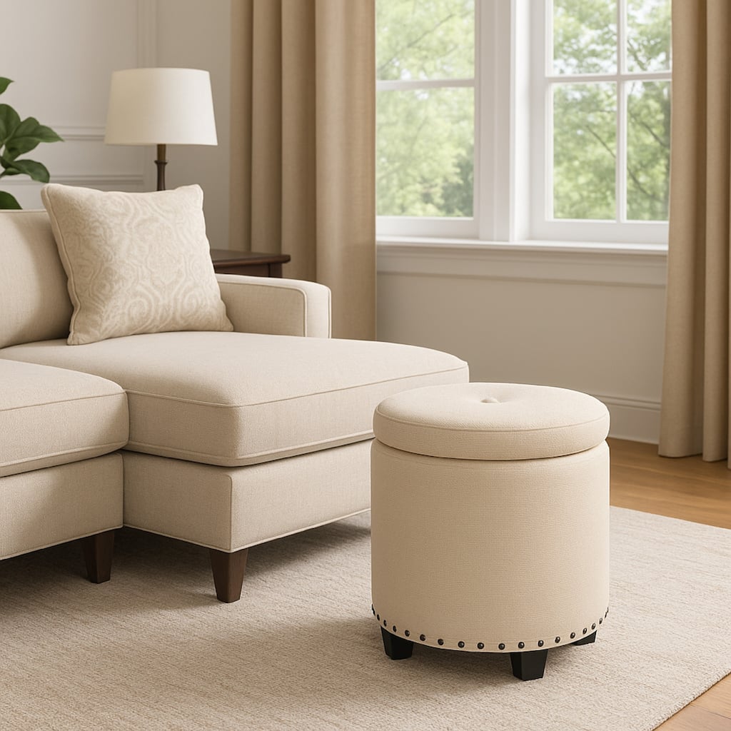 Zoya Storage Ottoman, 19 Inch Round Lift Top, Beige Woven Fabric