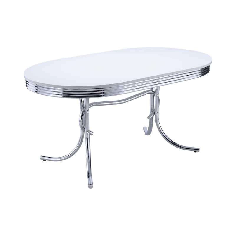 Loy 60 Inch Oval Dining Table, Glossy White Wood Top, Ribbed Chrome