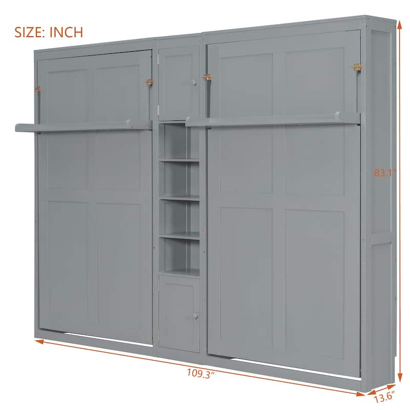 Dual Twin Murphy Wall Beds with Storage Cabinets and Open Shelves, Foldable Space-Saving Design for Small Rooms