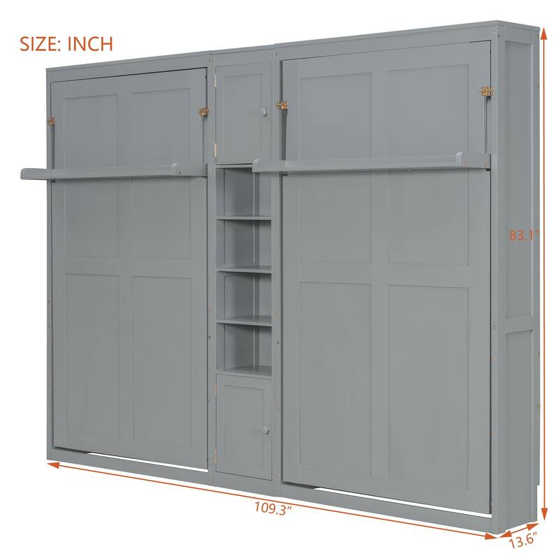 Dual Twin Wall Murphy Beds with Cabinets & Shelves, Space-Saving Bedroom Solution