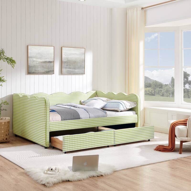 Full Size Upholstery Daybed with 2 Storage Drawers and USB Port, Linen Fabric Sofa Bed with Plaid Pattern and Wavy Silhouette