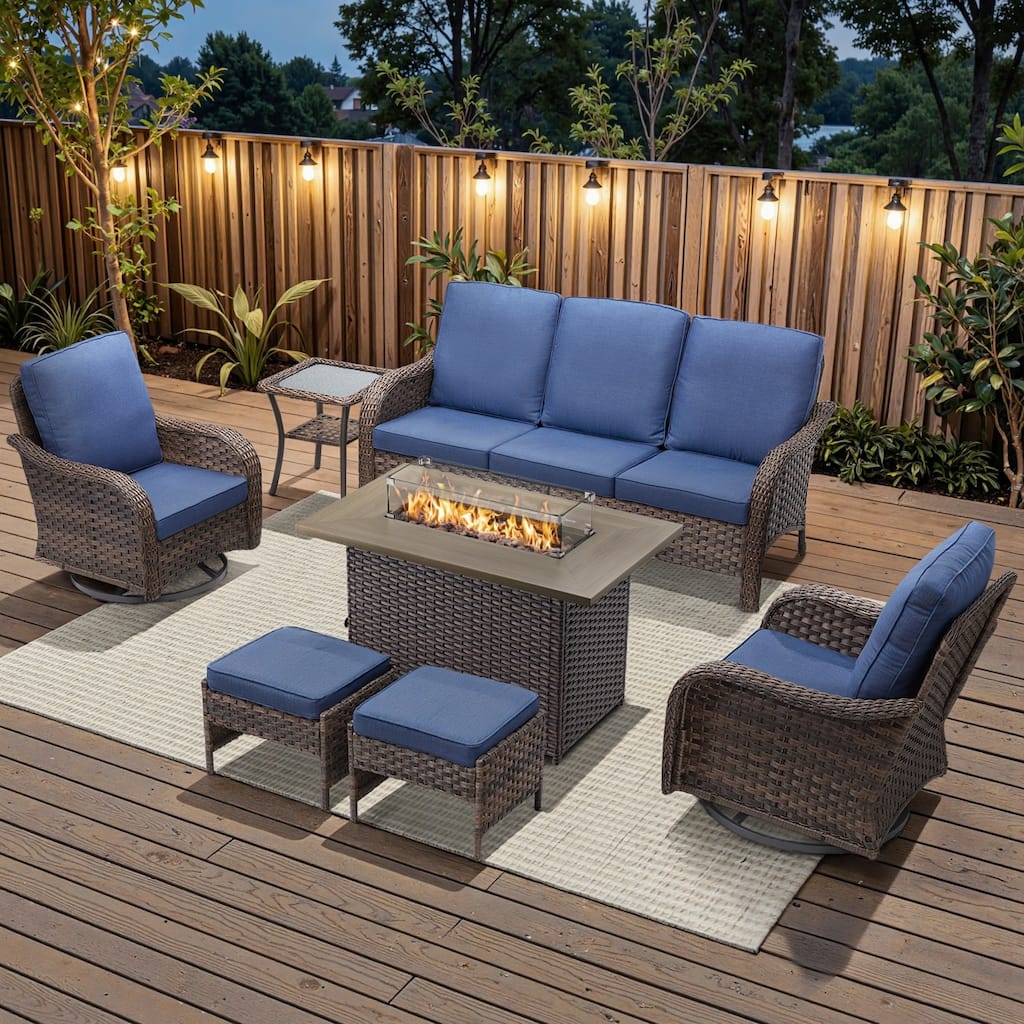 Cavira Brown Wicker Patio Fire Pit Conversation Set with Swivel Gliders