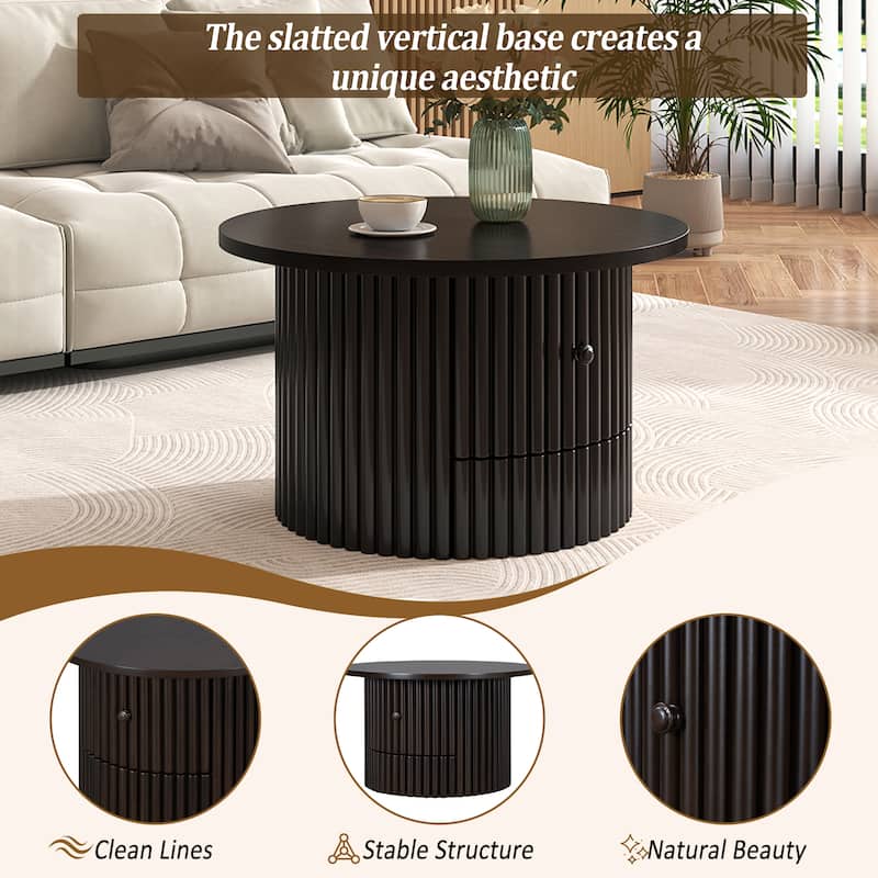 Round Coffee Table for Living Room in Natural, Farmhouse Coffee Table with a Drawer, Center Table with Vertical Slat Base
