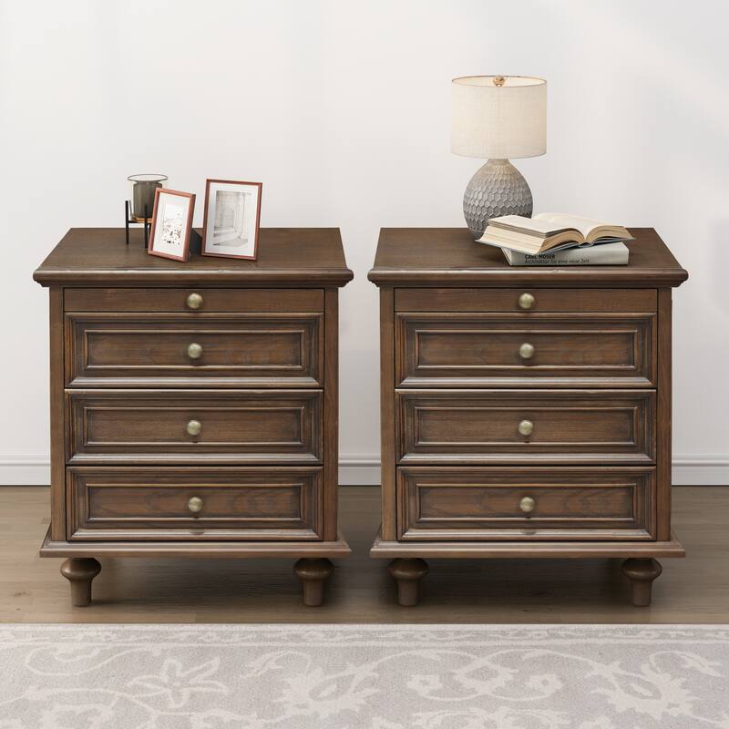 GDFStudio Vespertine Solid Wood 4-Drawer Nightstand with Pull-Out Tray