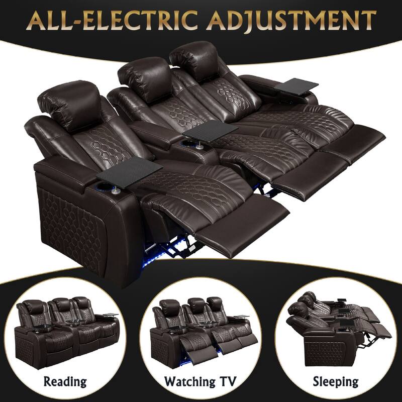 Roomfitters 93.3" Power Recliner 3-Piece Set, Top-Grain Nappa Leather, 39-Color RGB LED & USB-C Charging, Coffee