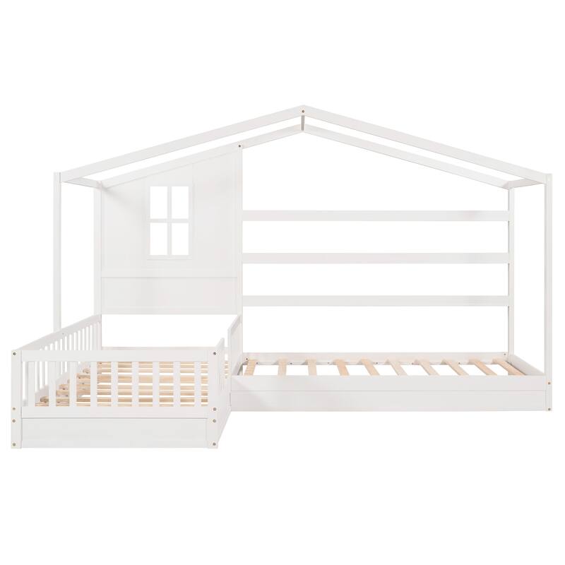 Wood House Bed Twin Size, 2 Twin Solid Bed L structure with fence and slatted frame （White