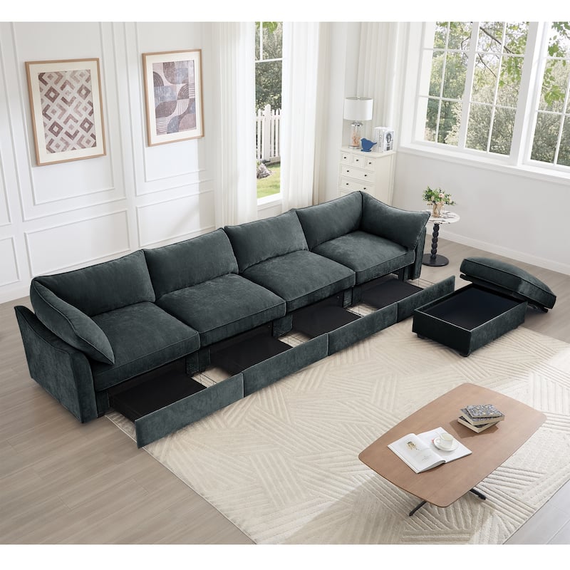 L-Shaped 4-Deep Seater Sectional Sofa Couch with 1 Movable Storage Ottoman & Pull out Drawers Under Each Seat
