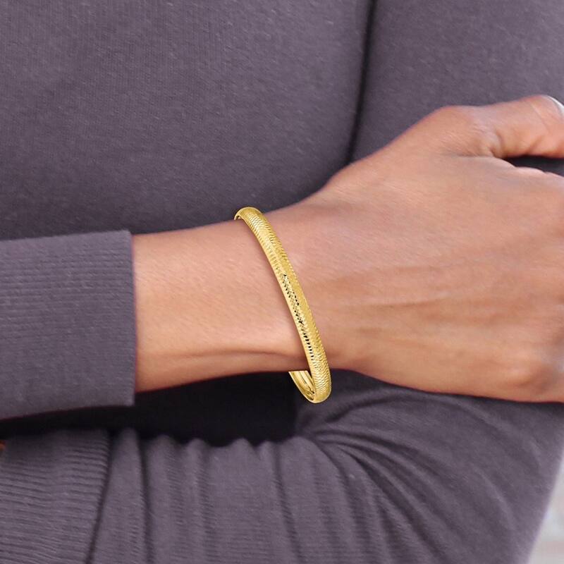 Curata 10k Yellow Gold 8" 6.15mm Wide Textured Flexible Slip-on Bangle Bracelet