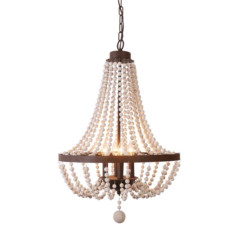 Oaks Aura Farmhouse Candle Style 4-Light Wood Ceiling Light Bohemia Beaded Wood Chandelier