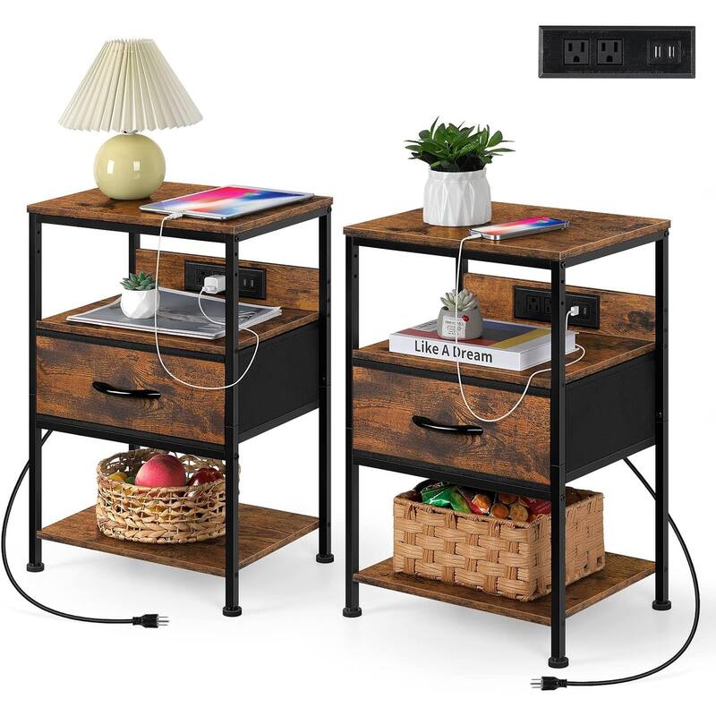 Nightstand with Charging Station with Drawer - Brown - 2-PCS