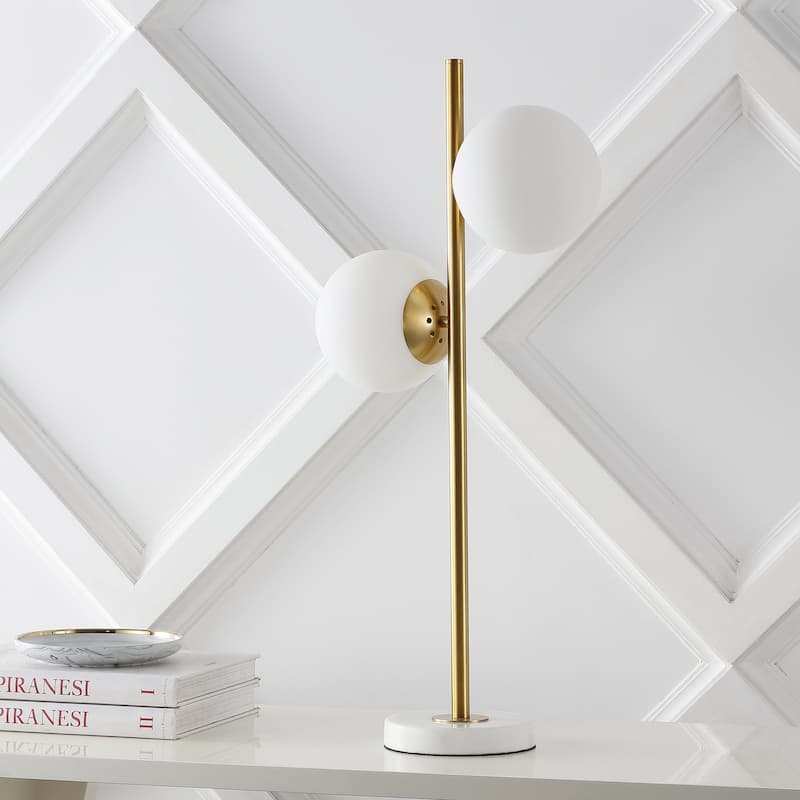 Dino 28" 2-Light Coastal Vintage Iron LED Table Lamp, Brass Gold/White by JONATHAN Y