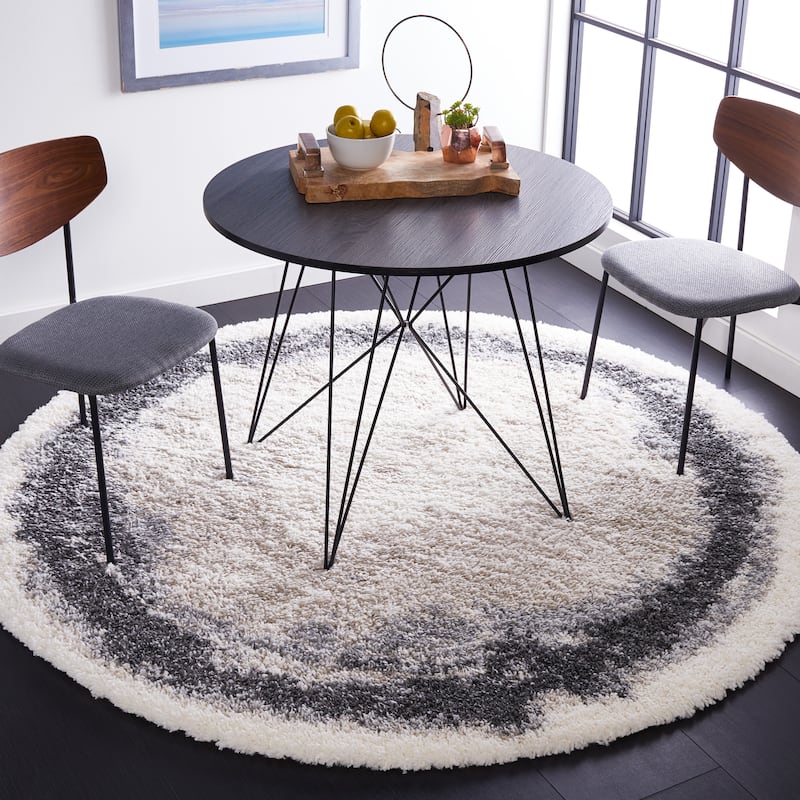 SAFAVIEH Fontana Shag Chihoko Modern Border 2-inch Thick Rug - 6'7" Round - Ivory/Grey