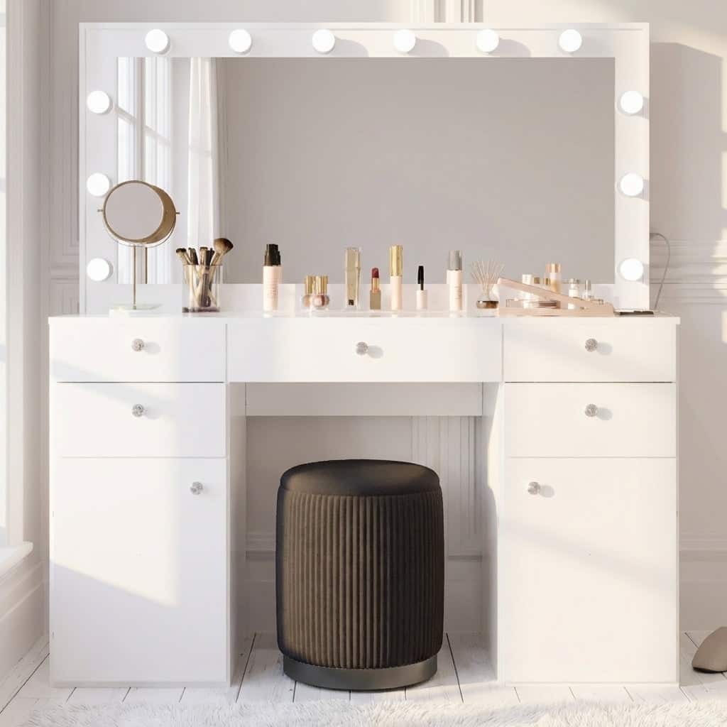 Makeup Vanity Desk w/ Free Black Storage Stool, 12 LED Bulbs, 5 Drawers, 2 Doors, Glass Top, USB Ports