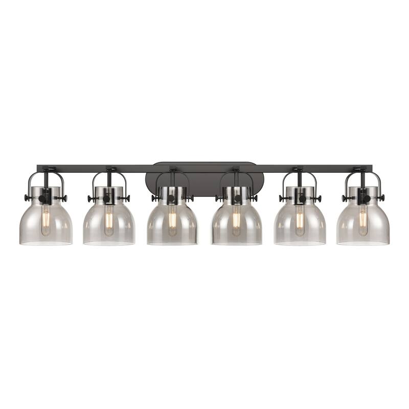 Innovations Lighting Pilaster II Bell - 6 Light 46" Wall-Mounted Bath Vanity Light - Matte Black/Light Smoke