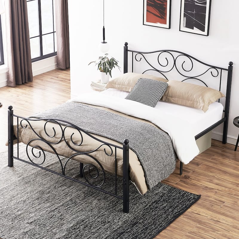 VECELO Metal Platform Bed Frame with Scroll Headboard, Twin/Full/Queen Size Beds
