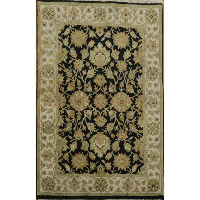 Hand Knotted Oriental 100% Wool Carpet Traditional Floral Black Agra Area Rug - 6' 4'' X 4' 1''