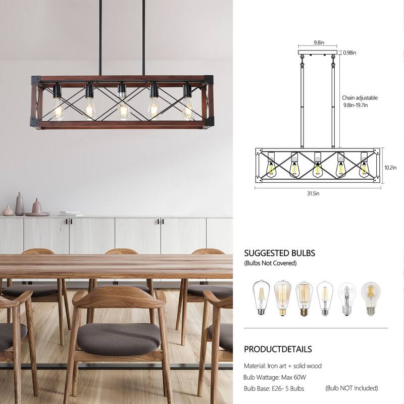 Rustic 5-Light Red Farmhouse Chandelier with Adjustable Suspension for Kitchen Island, Dining Room, and Living Room
